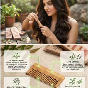A close-up of the Bark & Bloom Neem wood comb, showcasing the intricate natural wood grain. The comb is placed next to a bunch of fresh green neem leaves and a glass bottle of almond oil on a neutral, earthy-toned backdrop.