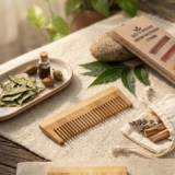 A close-up of the Bark & Bloom Neem wood comb, showcasing the intricate natural wood grain. The comb is placed next to a bunch of fresh green neem leaves and a glass bottle of almond oil on a neutral, earthy-toned backdrop.