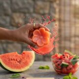 A vibrant, flower-shaped orange-pink soap bar held in a hand, featuring visible real fruit pulp texture.