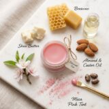 A 10g rectangular lip balm with a smooth, shimmering pink surface. The balm is placed on a reflective surface next to a swirl of pink mica powder and a small wooden spoon of creamy Desi Ghee.