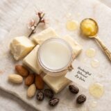 eco-friendly container of Shea-Soothe Silk lip balm placed next to raw shea chunks, almonds, and a small golden bowl of desi ghee on a clean, white marble surface.