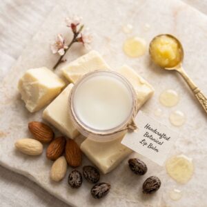 eco-friendly container of Shea-Soothe Silk lip balm placed next to raw shea chunks, almonds, and a small golden bowl of desi ghee on a clean, white marble surface.